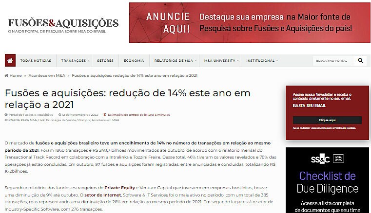 Fuses e aquisies: reduo de 14% este ano em relao a 2021